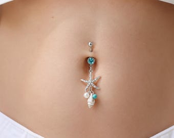 Silver Starfish Belly Ring with Shell Charm, Turquoise Gem Navel Piercing Jewelry Beach Style