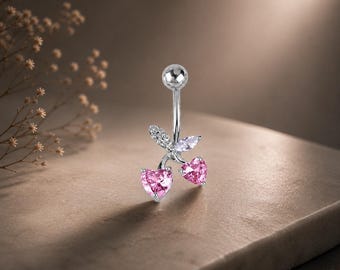 Piercing para ombligo con forma de corazón de cereza, piercing para el ombligo con piedra preciosa rosa, joyería colgante en tono plateado