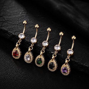 Gouden navelpiercingset, druppelvormige kristallen navelpiercing, hangende navelpiercings, cadeau voor vrouwen, 5 kleuren