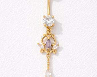 Piercing de ombligo colgante de oro con cristal de amatista, elegante joya para piercing de ombligo, regalo para mujer.