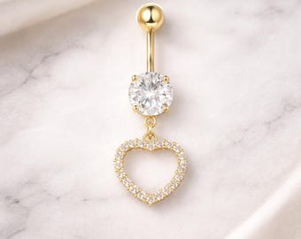 Anneau de ventre coeur en or avec pendentif cz - Bijoux de piercing au nombril scintillants