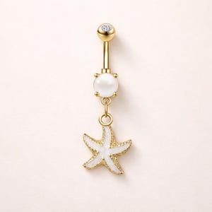 Gold Starfish Belly Ring Dangle, Pearl Navel Piercing, Beach Jewelry, CZ Barbell Piercing