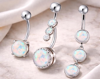 Piercing de ombligo colgante de triple ópalo blanco, joyería de plata para piercing de ombligo