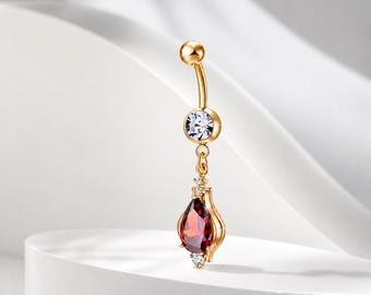 Gouden navelpiercing, rode druppelvormige edelsteen dangle navel piercingsieraden