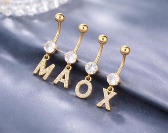 Personalized Gold Initial Belly Ring with CZ Dangle Navel Jewelry