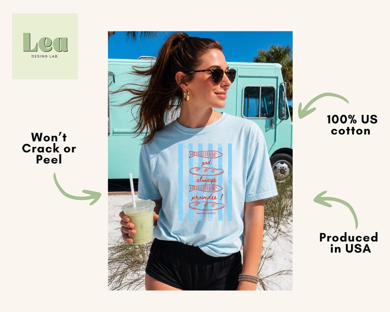 Woman wearing oversized Comfort Colors Christians shirt featuring God Always Provides graphic with fish illustrations and Matthew 14:13-21 Bible verse in vintage aesthetic style.