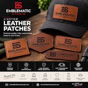 Peut inclure: Une casquette de baseball noire avec un écusson en cuir marron rectangulaire portant le texte noir EMBLEMATIC STUDIO. Trois autres écussons en cuir marron de formes rectangulaire et hexagonale avec le même logo sont présentés.