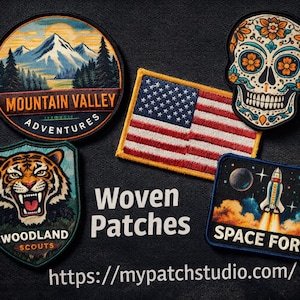 May include: A selection of woven patches featuring diverse designs. Includes a mountain scene, a US flag, a sugar skull, a tiger, and a space-themed patch. The text "Woven Patches" and a website address are also visible.