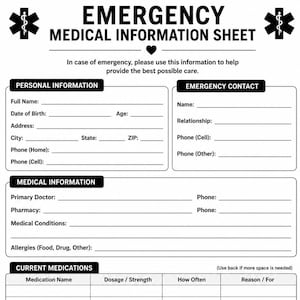 Puede incluir: Una hoja de información médica de emergencia en blanco y negro con secciones para datos personales, contactos de emergencia, condiciones médicas, alergias, medicamentos actuales y notas adicionales, con el símbolo de la Estrella de la Vida.