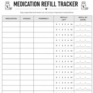 Op de afbeelding: Een zwart-wit printbaar formulier voor het bijhouden van medicatie-navullingen met kolommen voor medicatie, dosering, apotheek, resterende navullingen en datum. De koptekst luidt Medication Refill Tracker met iconen van pillenflesjes en onderaan apotheekinformatie.