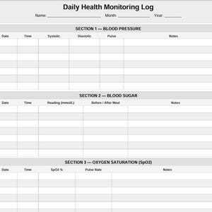 Puede incluir: Una plantilla de registro de control de salud diario impresa en papel blanco. El formulario incluye secciones para nombre, mes, año, presión arterial, azúcar en sangre en mmol/L, saturación de oxígeno, notas diarias, síntomas y medicamentos.