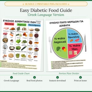 Pode incluir: Um pacote de dois PDFs imprimíveis intitulados Easy Diabetic Food Guide em grego. A primeira página é uma tabela de alimentos classificada por proteínas, vegetais e carboidratos com fotos. A segunda é um diagrama de prato de porções.