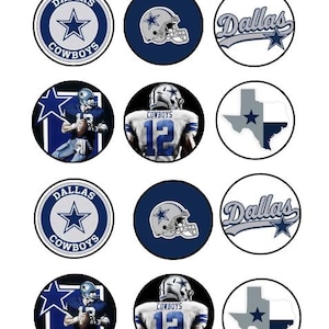 May include: A collection of circular images featuring Dallas Cowboys football team graphics. Designs include the team logo, a helmet, the word "Dallas" with a star, a player in uniform, and the Texas state outline with a star.