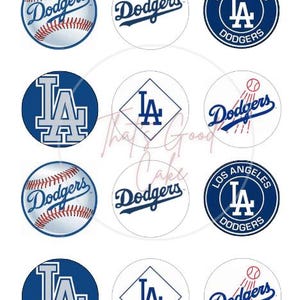 May include: A collection of Dodgers-themed designs. Includes baseballs with the Dodgers logo, the LA logo, and the words "Dodgers" in various styles. The designs are in blue and white.