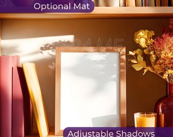 Fall mockup frame built in shelf living room, PSD Autumn wall art mock up vibrant bookcase, Portrait poster mock-up vertical bookshelf, 3x4