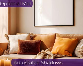 Frame mockup fall horizontal living room, Autumn wall art mock-up landscape with sofa, PSD smart object poster mock up fall color, 4:3 ratio