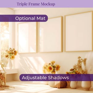 May include: A triple frame mockup featuring three vertical rectangular frames with light wood borders mounted on a wall. The design includes an optional mat feature and adjustable shadows, presented in a bright room with natural sunlight.