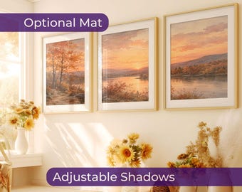 Fall frame mockup set of 3 portrait, Triple frame mock up autumn sunroom, Triptych wall art mockup trio, 3x4 PSD poster mock-up gallery wall