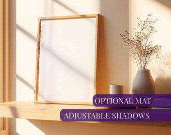 Vertical frame mockup on shelf, Wooden frame wall art mock-up 3:4 ratio, Smart PSD mock up portrait, Poster mockup on floating bookshelf