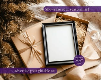 Black frame poster mock up gift box under tree, Neutral Christmas frame mockup vertical, Minimalist winter wall art mock-up PSD, 3:4 ratio