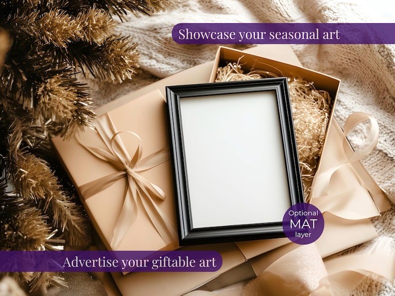 May include: A black framed picture frame with a white mat, resting on a beige gift box with a satin ribbon. The image is surrounded by a gold-colored decorative element and text that reads "Showcase your seasonal art" and "Advertise your giftable art."