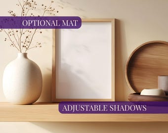 Wood frame mockup vertical, Rustic portrait frame mock-up on shelf, PSD wall art mock up 3:4 ratio, Neutral living room mockup with shelves