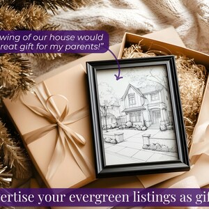 May include: A framed black and white drawing of a house, presented as a gift. The drawing is in a black frame, placed on a gift box with a ribbon. Text reads: "A drawing of our house would be a great gift for my parents!" and "Advertise your evergreen listings as gifts."