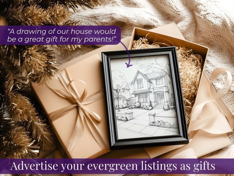 May include: A framed black and white drawing of a house, presented as a gift. The drawing is in a black frame, placed on a gift box with a ribbon. Text reads: "A drawing of our house would be a great gift for my parents!" and "Advertise your evergreen listings as gifts."