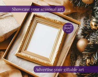 Christmas vintage frame mockup with gift box, Neutral Christmas wall art mockup vertical, Gold frame winter poster mock-up PSD, 3:4 ratio
