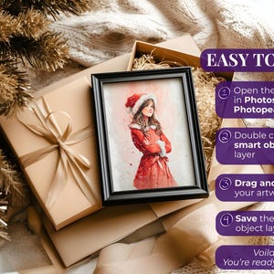 May include: A framed watercolor print of a girl in a red Santa suit, resting on a beige gift box with a ribbon. The image is surrounded by a beige blanket and gold decorative branches. Text on the right side says "EASY TO USE".