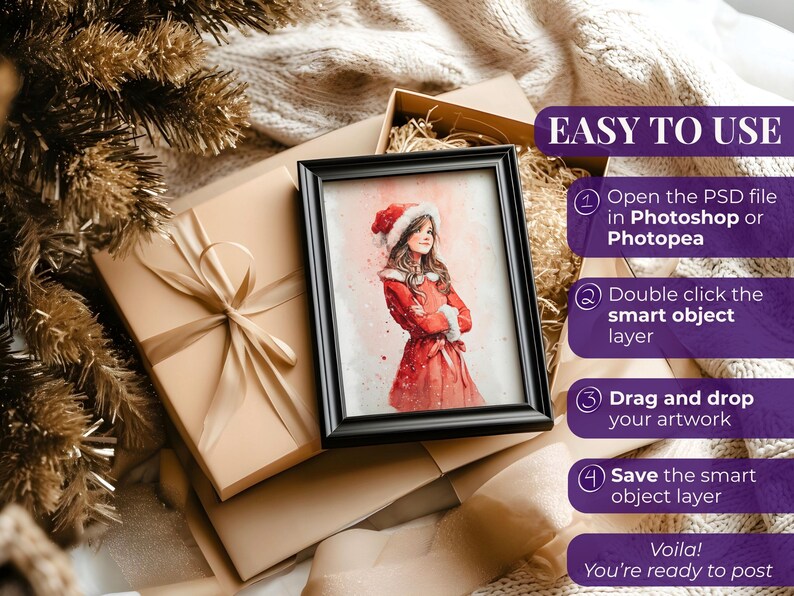 May include: A framed watercolor print of a girl in a red Santa suit, resting on a beige gift box with a ribbon. The image is surrounded by a beige blanket and gold decorative branches. Text on the right side says "EASY TO USE".