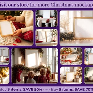 May include: A collage of Christmas-themed mockups, including framed art, gifts, and festive decorations. The frames have gold and natural wood finishes. Text reads "Visit our store for more Christmas mockups!" and "Buy 3 items, SAVE 50% -- Buy 5 items, SAVE 70%"