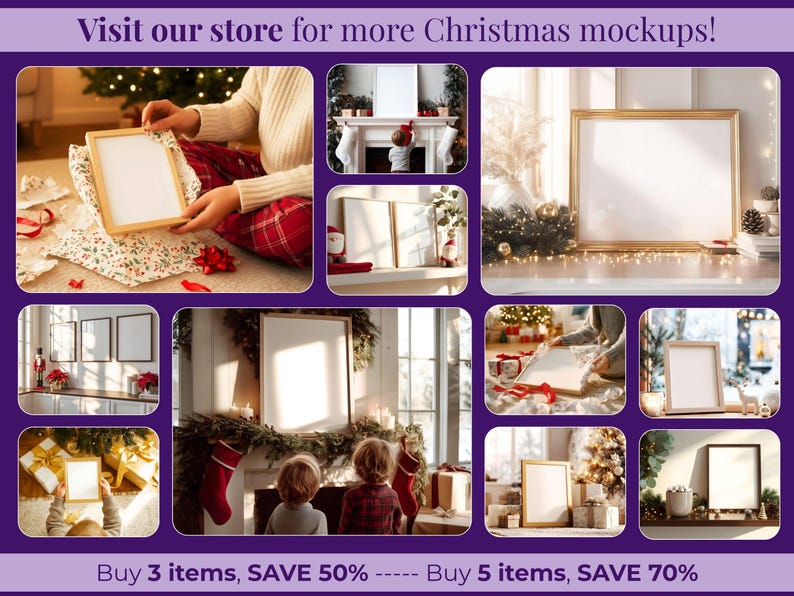 May include: A collage of Christmas-themed mockups, including framed art, gifts, and festive decorations. The frames have gold and natural wood finishes. Text reads "Visit our store for more Christmas mockups!" and "Buy 3 items, SAVE 50% -- Buy 5 items, SAVE 70%"