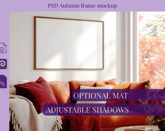 Autumn frame mockup horizontal with sofa, Fall wall art mock-up landscape orange, PSD smart object poster mock up template, 4:3 aspect ratio