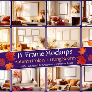 Autumn frame mockup bundle PSD, Fall mock up frame bundle gallery wall set, Wall art mock-up collection vertical and horizontal, 4x3 ratio