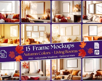 Autumn frame mockup bundle PSD, Fall mock up frame bundle gallery wall set, Wall art mock-up collection vertical and horizontal, 4x3 ratio