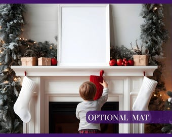 Christmas mantel frame mockup with child, Vertical winter wall art mock-up, Festive mantle poster mock up portrait, PSD, 3:4 ratio