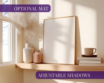 Gold frame mockup vertical, Neutral portrait frame mock-up on shelf, PSD wall art mock up, Simple poster mockup with shelves, 3:4 ratio