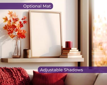 Fall frame mockup living room shelf, PSD mock-up autumn wall art vibrant portrait, Poster mock up vertical picture frame display template