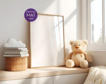 Wall art mockup vertical nursery simple, Baby bedroom gold frame mock-up on shelf, Scandi kid's room mock up PSD, 3:4 ratio mockup portrait