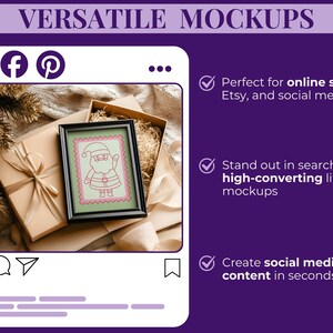May include: A framed Santa Claus stamp illustration rests on a gift box, part of a mockup scene. The image is set against a backdrop of a social media interface, with the text "VERSATILE MOCKUPS" at the top. The image also includes the text "Perfect for online shops, Etsy, and social media".