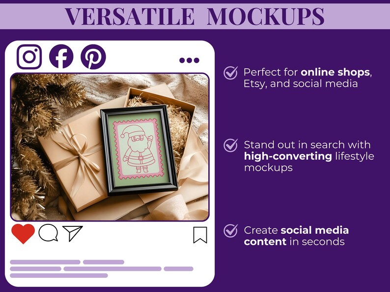 May include: A framed Santa Claus stamp illustration rests on a gift box, part of a mockup scene. The image is set against a backdrop of a social media interface, with the text "VERSATILE MOCKUPS" at the top. The image also includes the text "Perfect for online shops, Etsy, and social media".