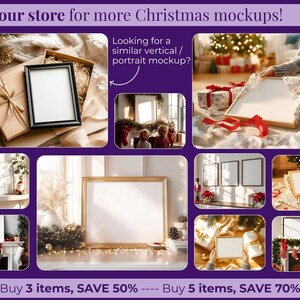 May include: An image featuring various Christmas-themed mockups, including framed art and gift boxes. The text "Visit our store for more Christmas mockups!" is visible. The image also includes the text "Buy 3 items, SAVE 50%" and "Buy 5 items, SAVE 70%."