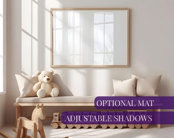 4:3 ratio Nursery frame mockup horizontal, Landscape frame mock-up in kids room, PSD wall art mockup child bedroom, Poster mock up smart PSD