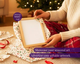 Christmas frame mockup unwrapping gift, Wall art mock-up with person, Vertical poster mock up PSD, Christmas morning scene, 3:4 ratio