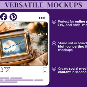 May include: A framed picture with a gold frame featuring a winter scene with Santa's sleigh against a full moon. The image is presented in a mock social media post with the text "VERSATILE MOCKUPS".