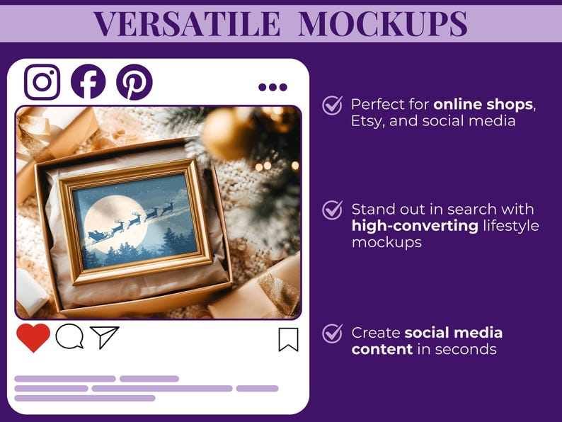 May include: A framed picture with a gold frame featuring a winter scene with Santa's sleigh against a full moon. The image is presented in a mock social media post with the text "VERSATILE MOCKUPS".