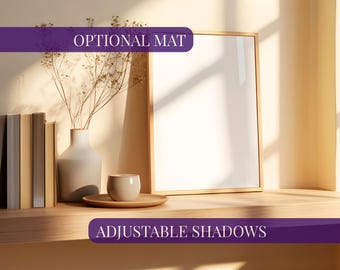 Vertical wood frame mockup on shelf, Neutral portrait frame mock-up side view, PSD wall art mock up 3:4 ratio, Poster frame with shelves
