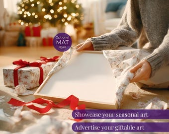 Christmas frame mockup gift opening, Wall art mock up with person, Horizontal poster mock-up PSD, Christmas morning present scene, 4:3 ratio
