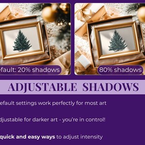 May include: Two framed art prints of a Christmas tree in a gift box. The text reads "Default: 20% shadows" and "80% shadows". Below, the text "ADJUSTABLE SHADOWS" is displayed, along with bullet points about the product's features.